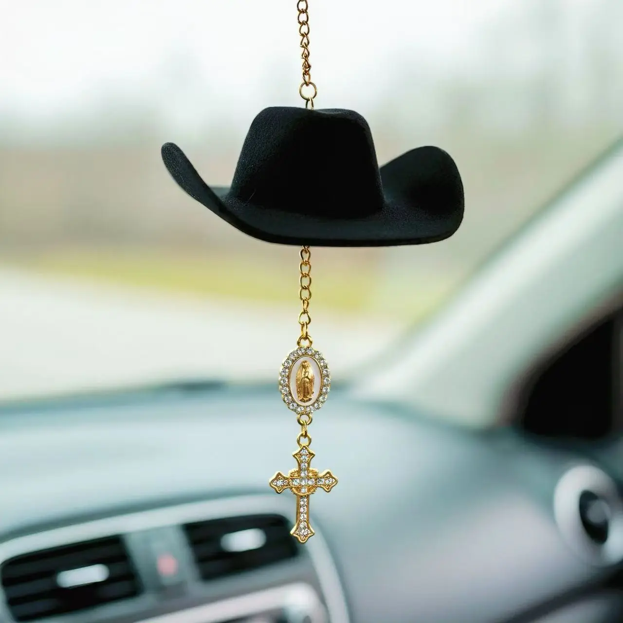 Faith Charm Cowboy Hat with Virgin Mary Amulet and Sequins Decoration, Hanging Cross Pendant, Religious Accessory，father's day gifts