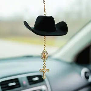 Faith Charm Cowboy Hat with Virgin Mary Amulet and Sequins Decoration, Hanging Cross Pendant, Religious Accessory, Car Hanging Decoration, Car Trinkets, Car Ornaments