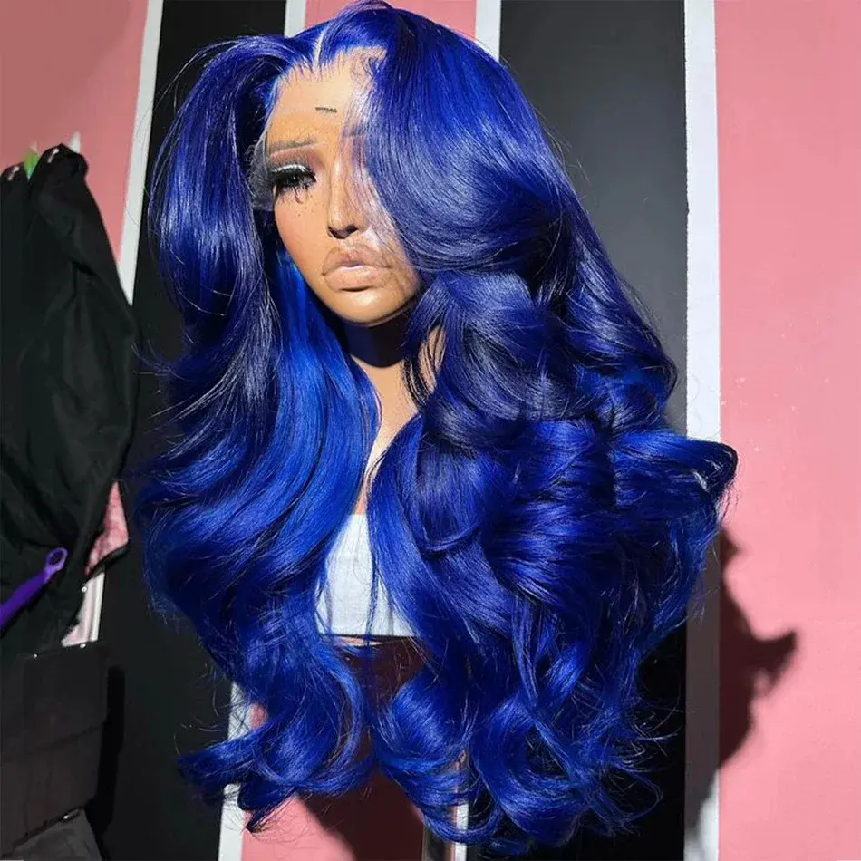 【30 Inch Only $118】Pure Blue Color Body Wave 180% Density 36 Inch 13x6 Lace Frontal 13x4 Lace Front Wigs Human Hair Glueless Wigs Pre-plucked Blue Colored For Black Women