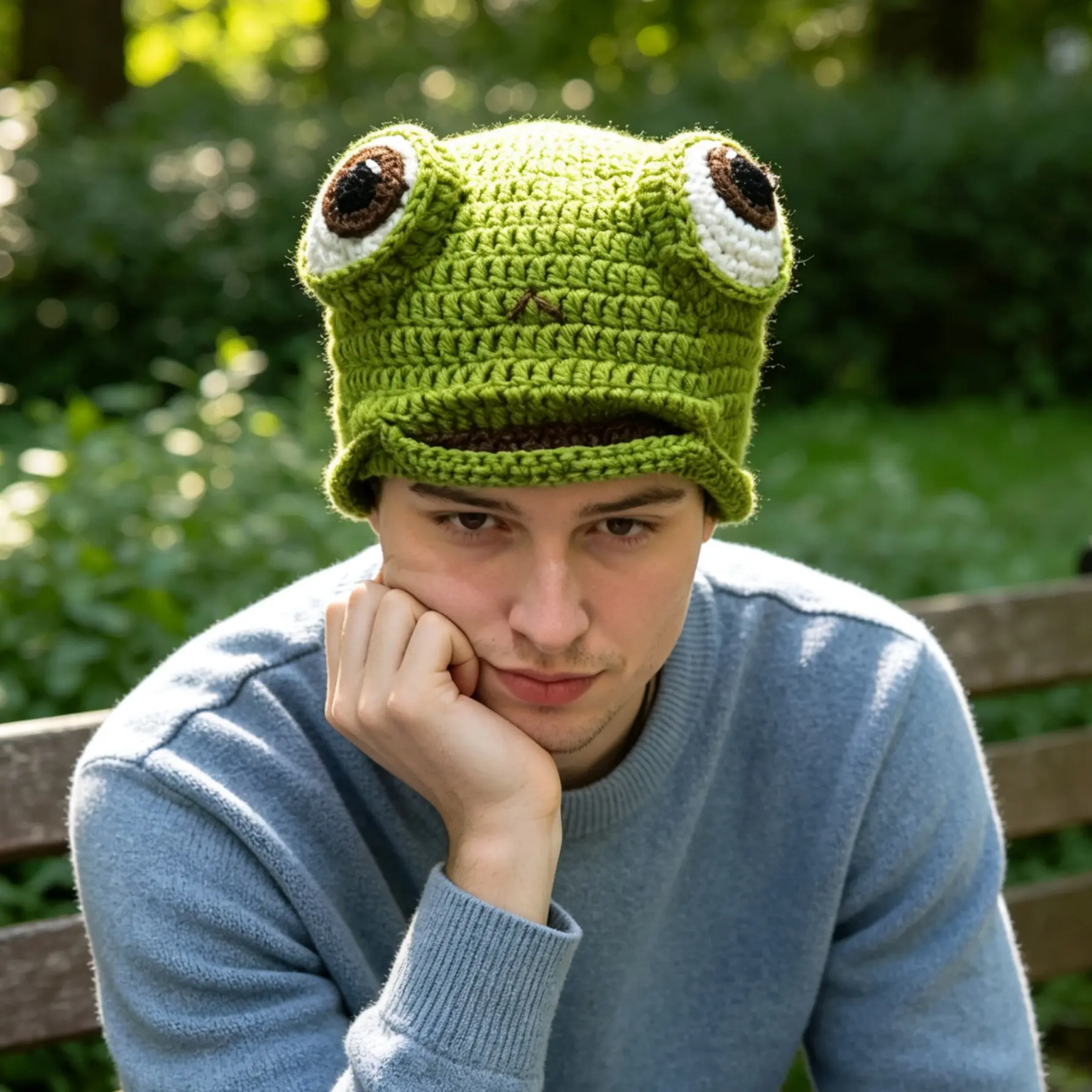 Handmade Crochet Frog Hat with Big Eyes, Funny Green Animal Beanie for Winter, Cute Cottagecore Novelty Cap, Viral Sad Frog Meme Gift for Men & Women