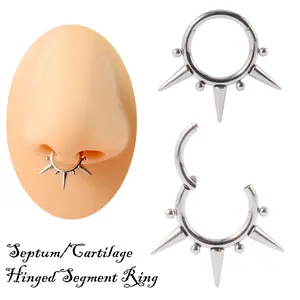 2 Pcs 316L Stainless Steel Spike Septum Clicker Ring Set, Silver Triple Spike Hinged Segment Rings, Gothic Punk Cartilage Nose Jewelry for Men Women