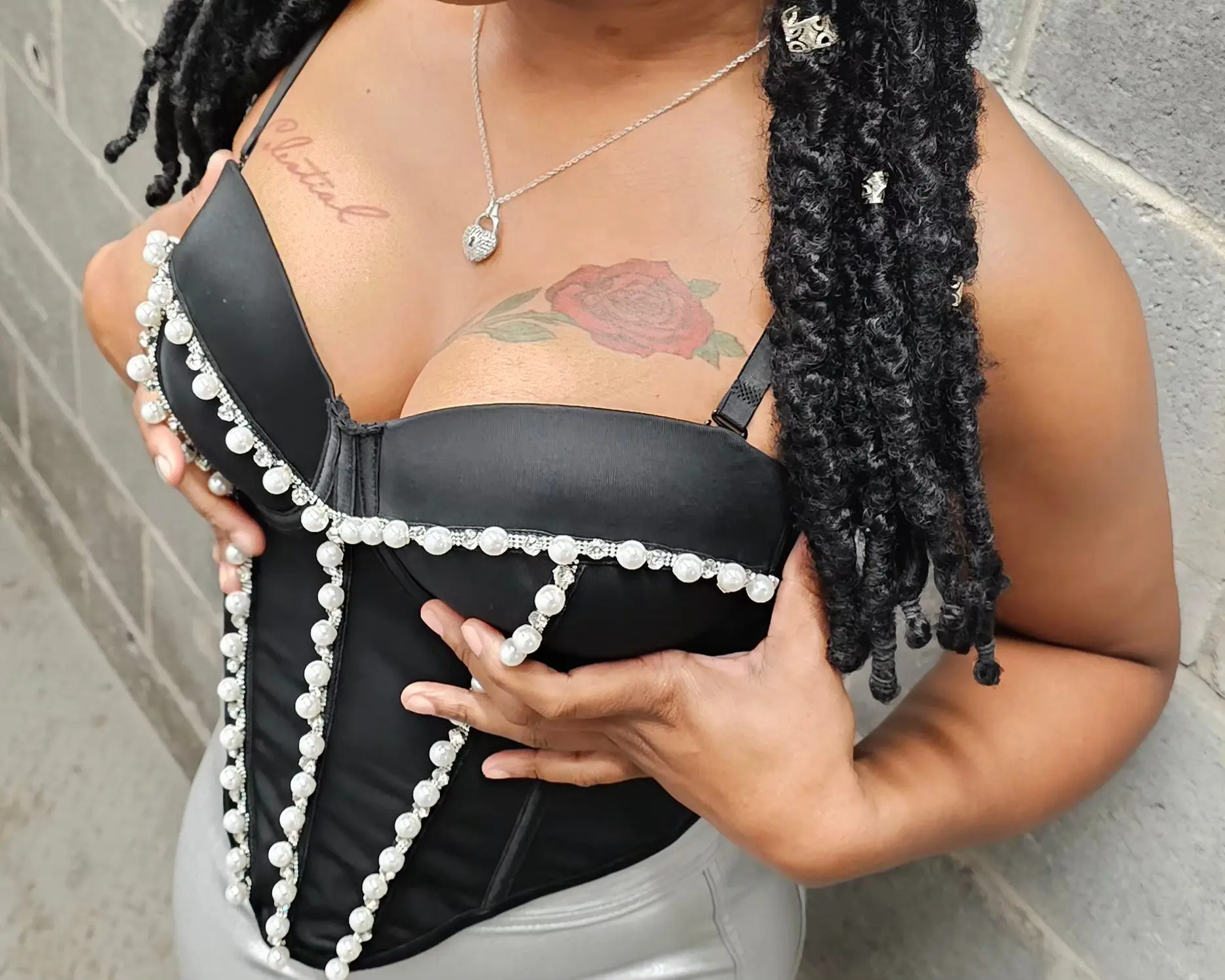 Pearl-Embellished Black Corset Top, Lace-Up Bustier (S–L)