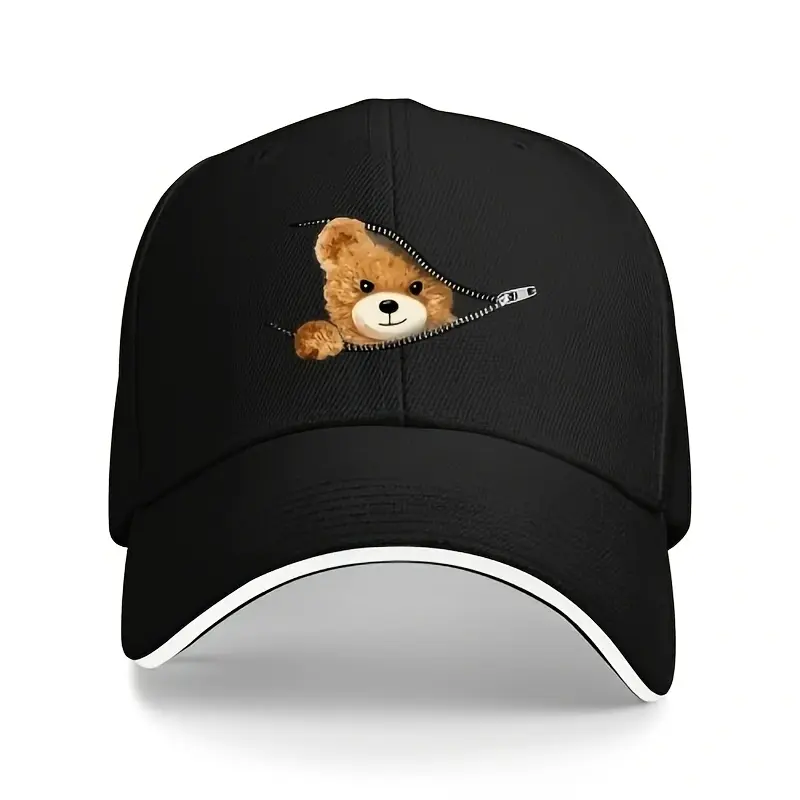 Retro Bear Print Baseball Cap, Unisex 100% Cotton Classic Casual Hat with Curved Brim and Adjustable Strap, Classic Trucker Hat