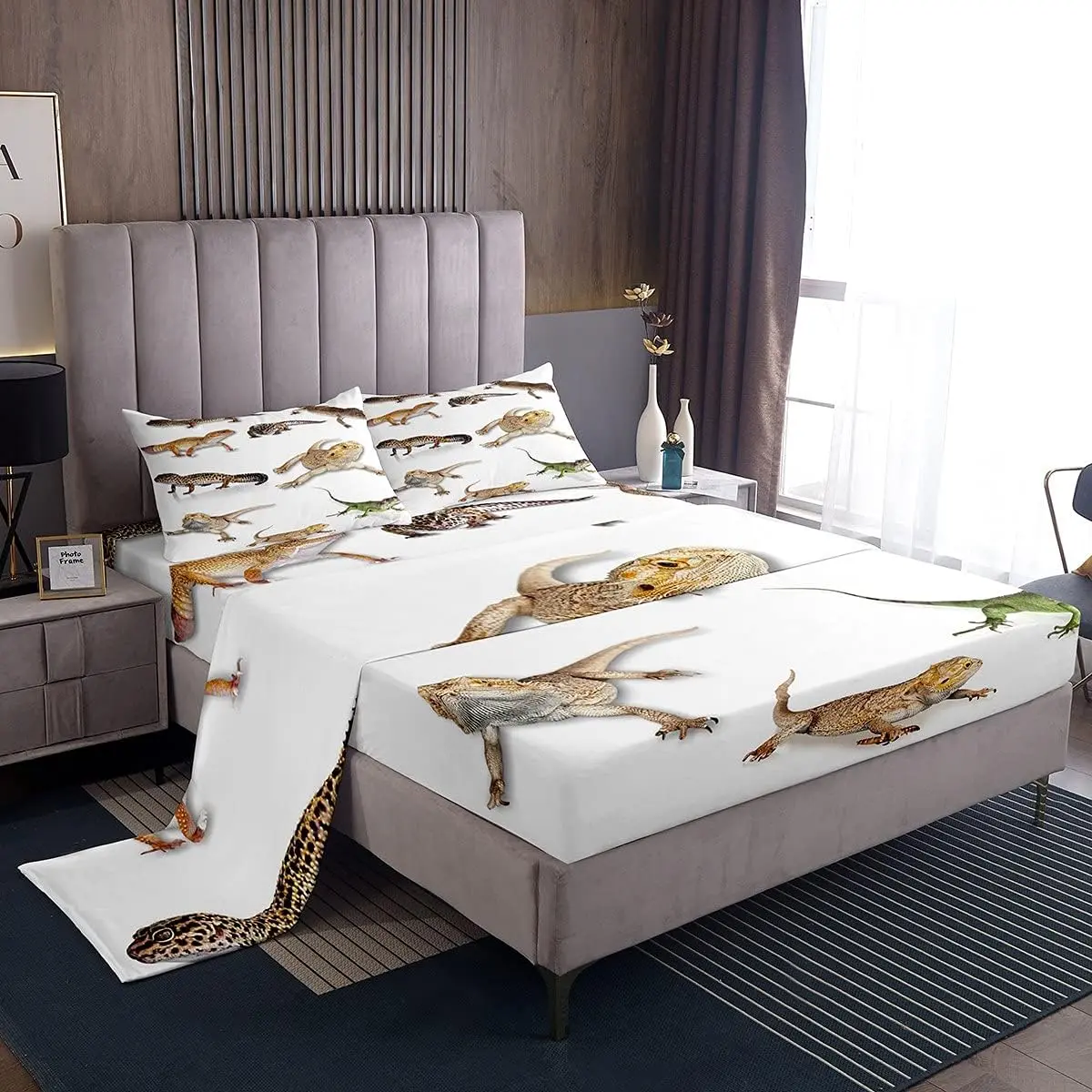 Feelyou Leopard Gecko Pattern Bedding & Bedsheets Set - Reversible Microfiber, Beige White Green Primitive Wildlife Lizard-Themed Linens, Easy-Care Durable for Reptile Enthusiasts