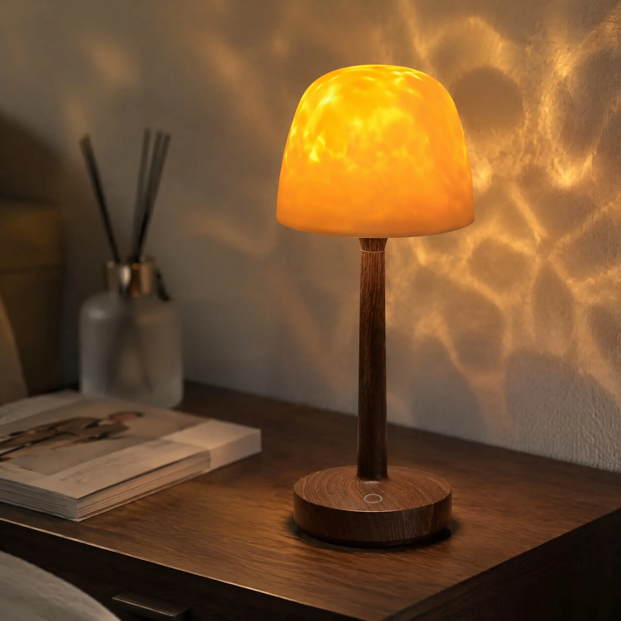 Shower Lamp, Bathroom Lamp with Ocean Wave Projector Walnut Wood, Spa-Like Rechargeable Shower Light with Remote&Touch Control Dimmable,16 RGB Color, Cordless Mood Light for Inside Showe