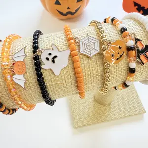 Halloween Beaded Bracelets Handmade Ghost Pumpkin Bat Witch Spider Web Charms Jewelry Set for Kids Orange Black Gold White Colors Perfect for Halloween Parties & Trick-or-Treat Costume Accessories