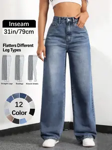 Women's Elastic Waist Denim Jeans with Pockets and Buttons, Casual Basic Fashion Comfortable Trousers for All Seasons, Perfect for Any Occasionstacked pants Womenswear