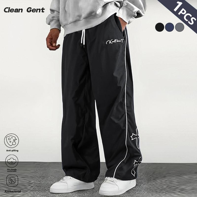 Clean Gent men's casual sweatpants with white side stripes and embroidery design, casual sportswear, sports trousers, sports suits, sports casual style sportswear, strappy straight sportswear