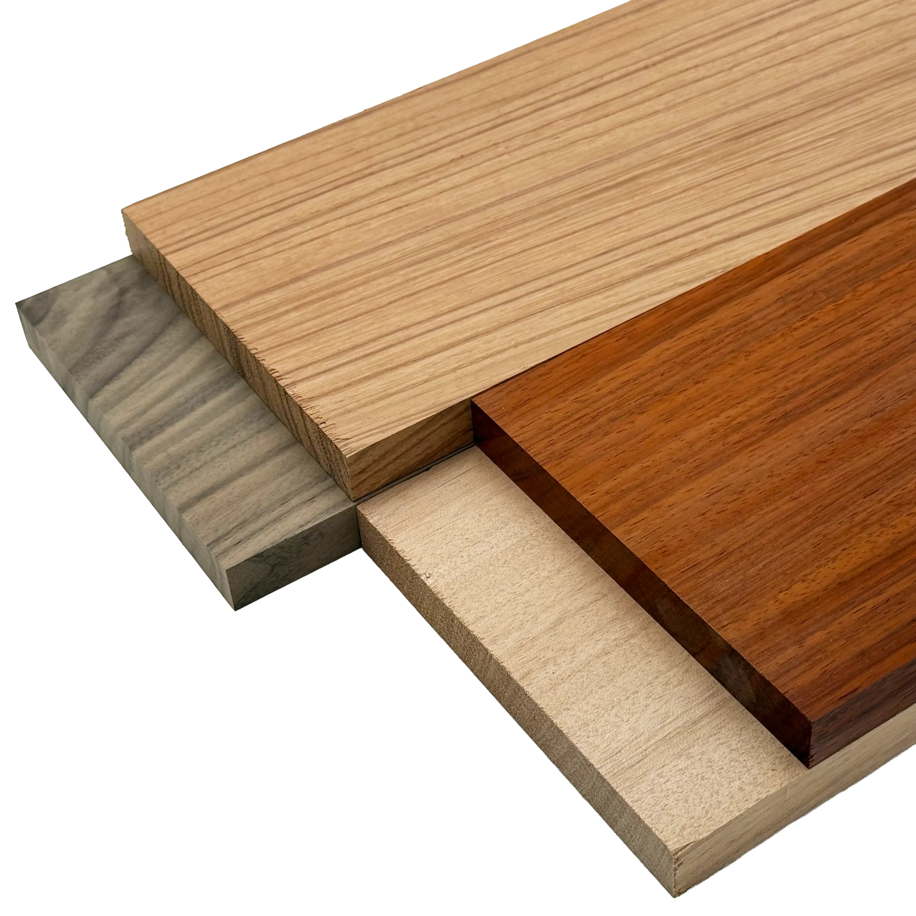 Imported Exotic Hardwood Variety Pack - Red Zebrawood, Walnut, Padauk, Okoume - 3/4" x 4" (4 Pcs)