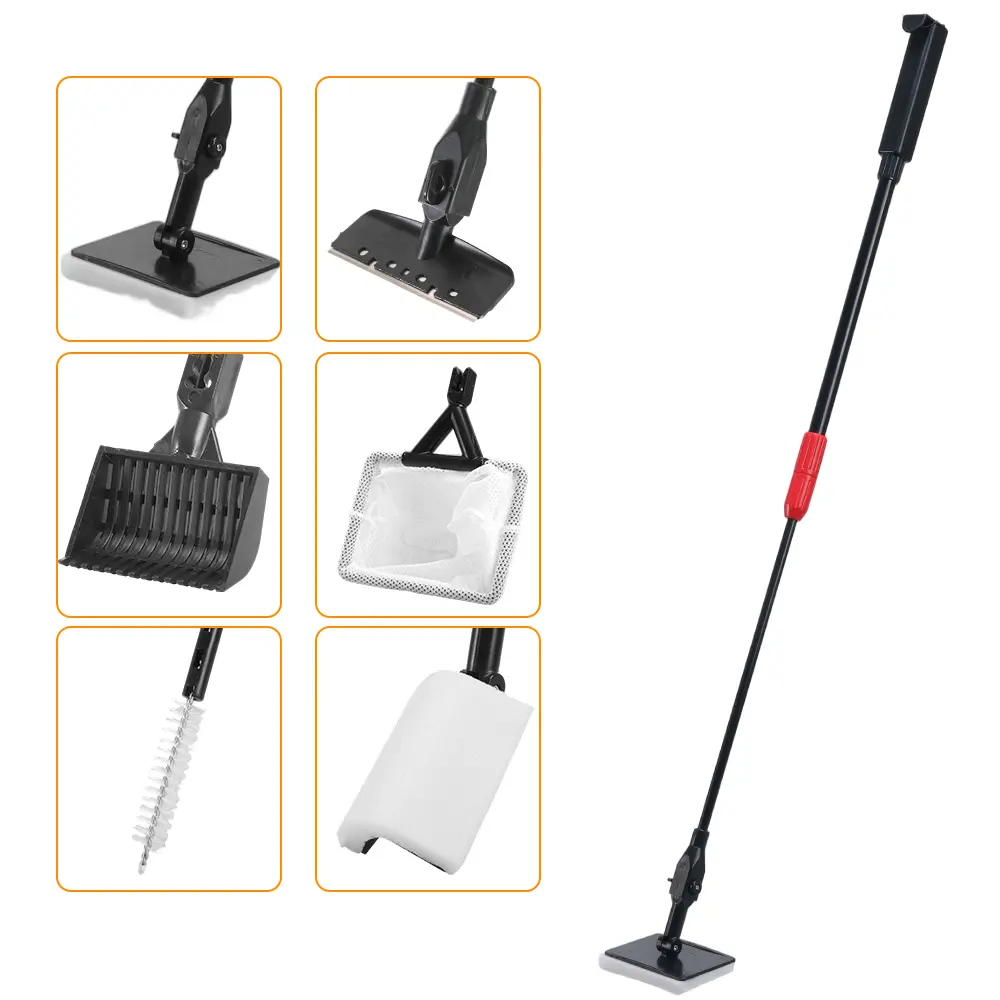 7pcs Professional Aquarium Cleaning Kit - 6-in-1 Telescopic Fish Tank Cleaner with Algae Scraper, Scrubber Pads, Right Angle Brush, Tube Cleaner, Fish Net & Gravel Rake - Extendable Aquarium Maintenance Tools for Fish Tanks,summerwins