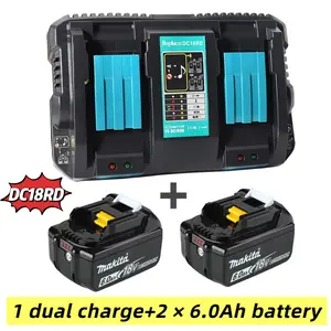 DC18RD +2 pack 6.0Ah battery For Makita 18 Volt LXT Li-Ion Dual Port Rapid Optimum Battery Charger DC18RD，2 PACK 6.0Ah 18v Battery Replacement for Makita Power Tool