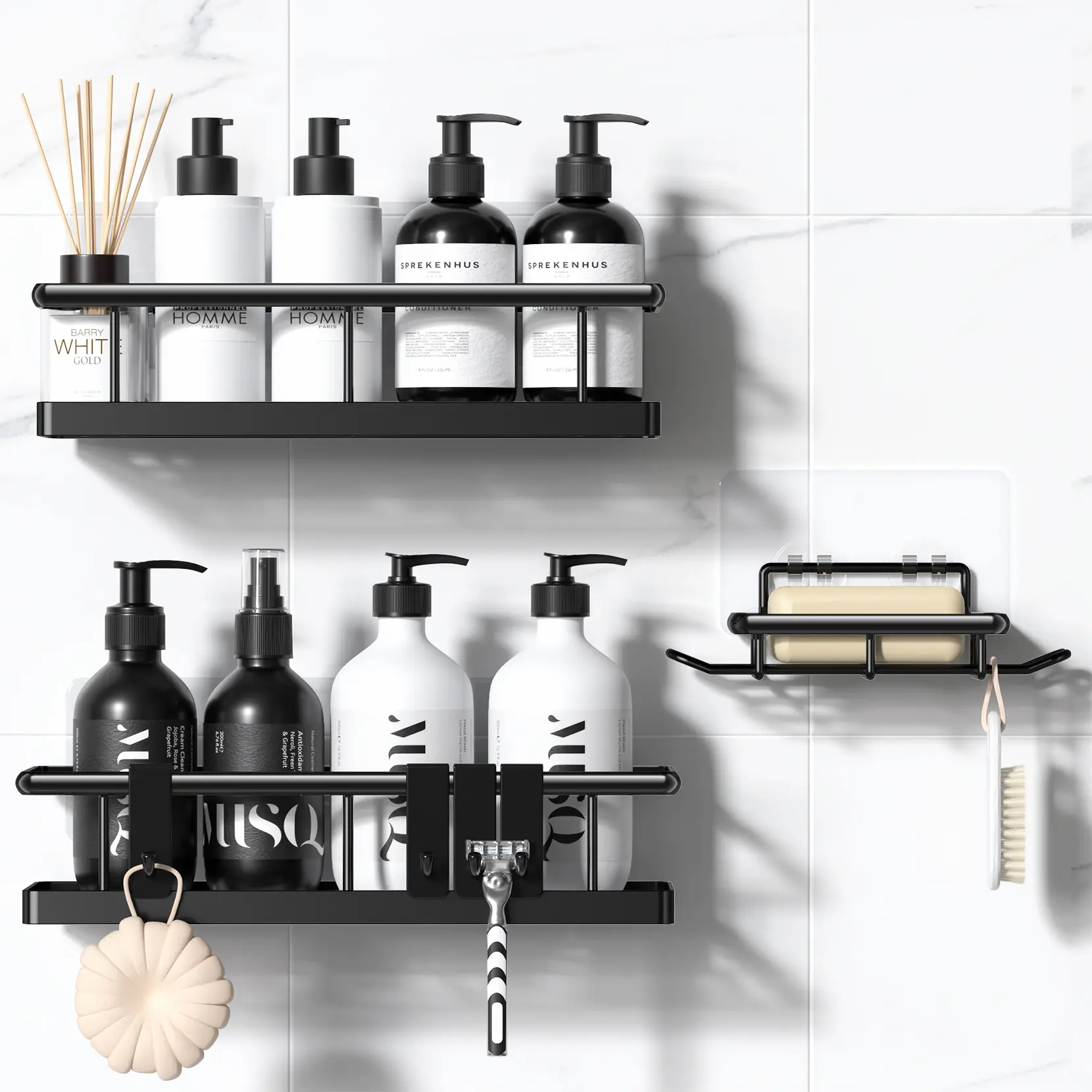 Black Wall-Mounted Steel Shower Organizer Rack Set (3/5 Pieces) - Lightweight No-Drill Self-Adhesive Baskets, Removable Floating Shelves, Hollow Drain, Rust-Resistant Bathroom Home Supplies with Easy Cleaning & Various Sizes, Adhesive Tape