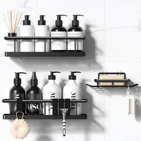 Black Wall-Mounted Rust-Proof Metal Shower Caddy Set (2pcs/3pcs/5pcs) with 3pcs Black Corner Rack, Tempered Glass Removable Floating Shelves, No-Drill Self-Adhesive Hooks, Hollow Drain, Lightweight Easy-Clean Bathroom Organizer Supplies (Different Sizes)