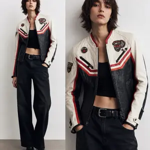 Sheepskin Leather Moto Jacket EXF Racing Style Black White Red Cropped XS