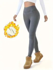 Women's High Waist Fleece Lined Leggings for Winter Sports Fitness Yoga, Warm Comfortable Elastic Polyester Knit Fabric, Pure Color Casual Style, High Stretch Leggings