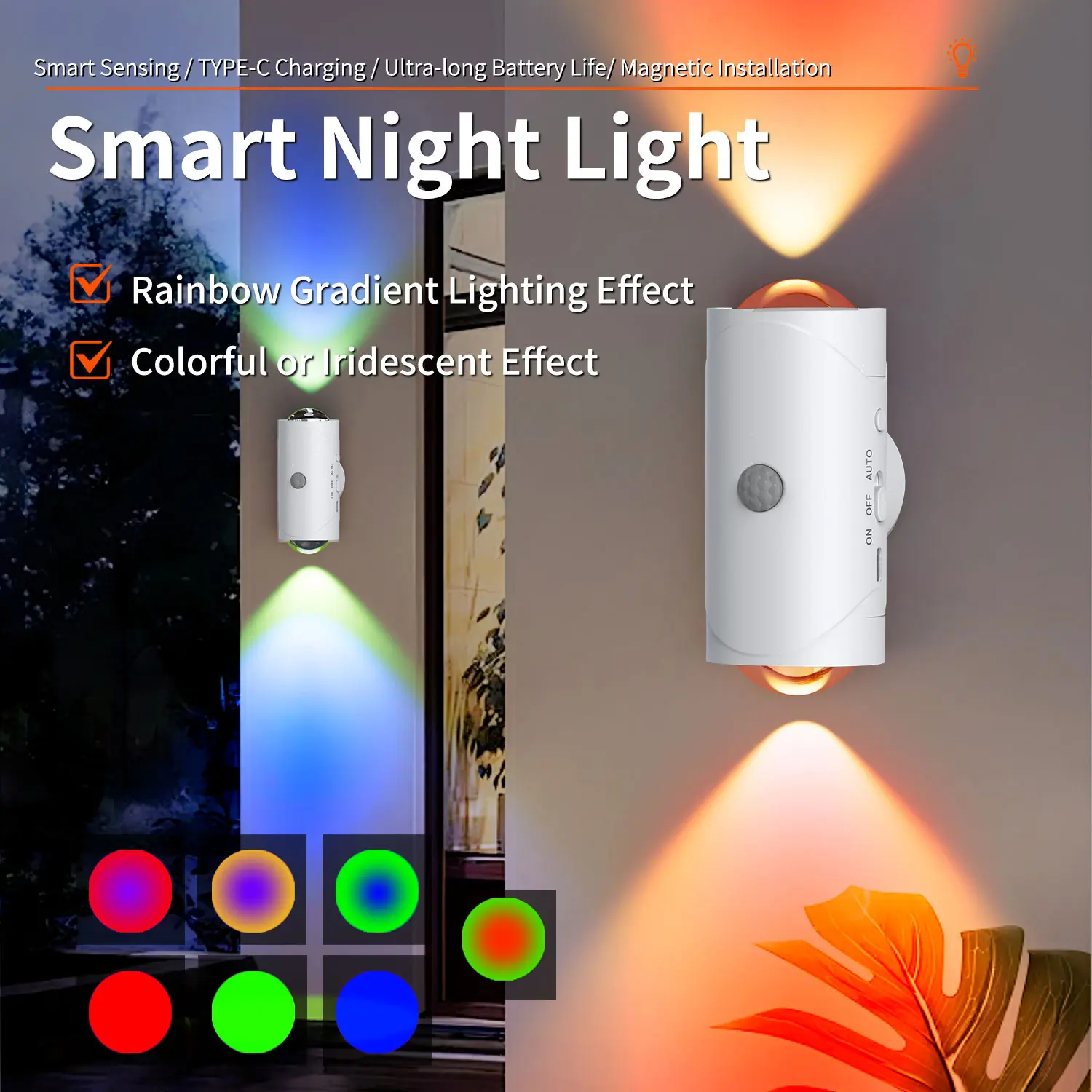 Smart LED Night Light with Motion Sensor， RGB Gradient Dimmable Wall Lamp，USB Rechargeable Indoor Lighting Magnetic Step Lamp for Entryway，Desk，Operated for Bedroom，Bathroom， Stairs & More