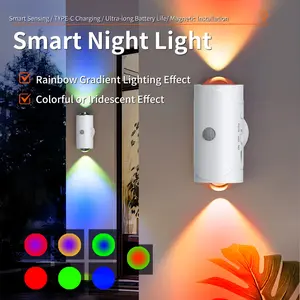 Smart LED Night Light with Motion Sensor， RGB Gradient Dimmable Wall Lamp，USB Rechargeable Indoor Lighting Magnetic Step Lamp for Entryway，Desk，Operated for Bedroom，Bathroom， Stairs & More
