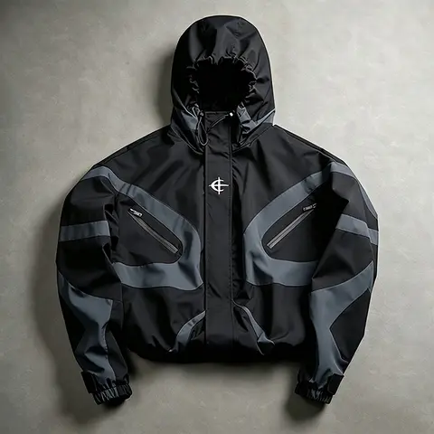 Men’s Patchwork Hooded Outdoor Jacket - Waterproof Woven Windproof Lightweight Streetwear Coat with Adjustable Drawstring Hood, Zippered Chest Pockets, Elastic Cuffs for Hiking, Traveling