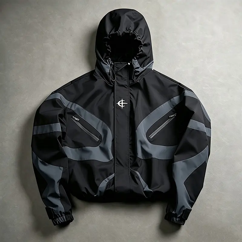Men’s Functional Streetwear Hooded Jacket - Patchwork Design, Adjustable Drawstring Hem, Coats Tops for Cross-Style Looks, Any Occasion Fashion Addition to Men’s Wardrobe, Hoodie, None