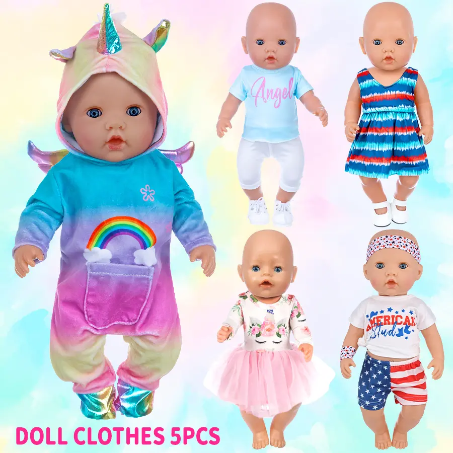 DEARBEI 18-inch Doll Clothes Five-piece Set with Rainbow Unicorn Hoodie Angel Tee Striped Dress American Flag Shorts & Floral Tutu