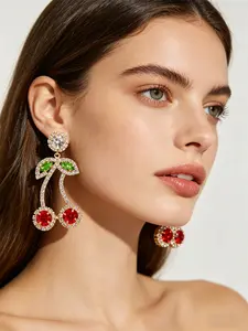 1 Pair Fashionable New Red Cherry Rhinestone Earrings for Women with Stylish and Unique Design Diamond-Embedded Pendant Ear Jewelry