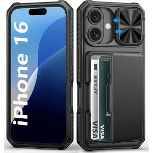 For Iphone 16 Case Wallet, Built-In Card Holder (4-5 Cards), Slide Camera Cover, Military Drop Protection, RFID Blockimg, Rugged Heavy Duty Men Women Protective Phone Case for Iphone 16, Black BXYJY
