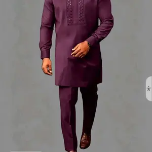 Men's African Kaftan Set, Long Sleeve Round Neck Top and Pants, Elegant Islamic Muslim Wedding Party Formal Wear, 2 Piece Suit for Men, Kurta, Outfits, Clothing