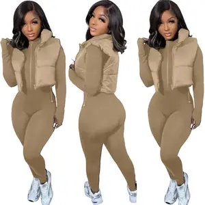 Beige 2 Piece Set | Women’s 2 Piece Outfit | Puffer Vest + Long Sleeve Bodycon Jumpsuit | Matching Fall Outfit | Neutral Street Outfit | Tan Winter Casual Chic Two Piece Set