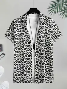 Men's Short Sleeve Blouse, Vintage Style Leopard Print, Casual Summer Shirt, Fitted Design, All over Print Pattern, Made in China