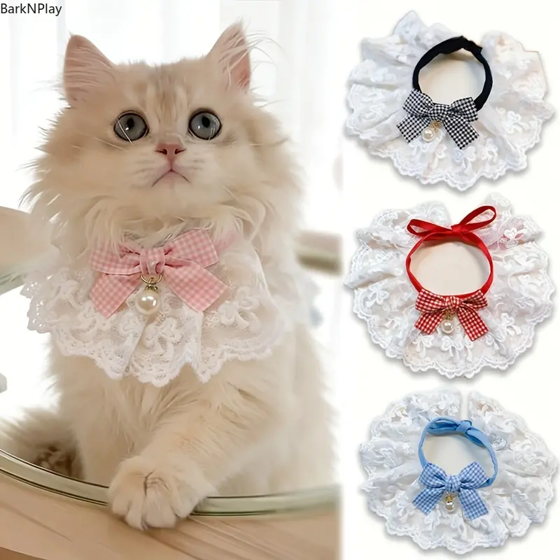 Decorative Pet Collar Charm & Twilly Set of 4, Adjustable Fit Plaid & Lace Scarves with Pearl Bow Tie, Adorable Look Accessories for Small Dogs & Cats, Set Of Four