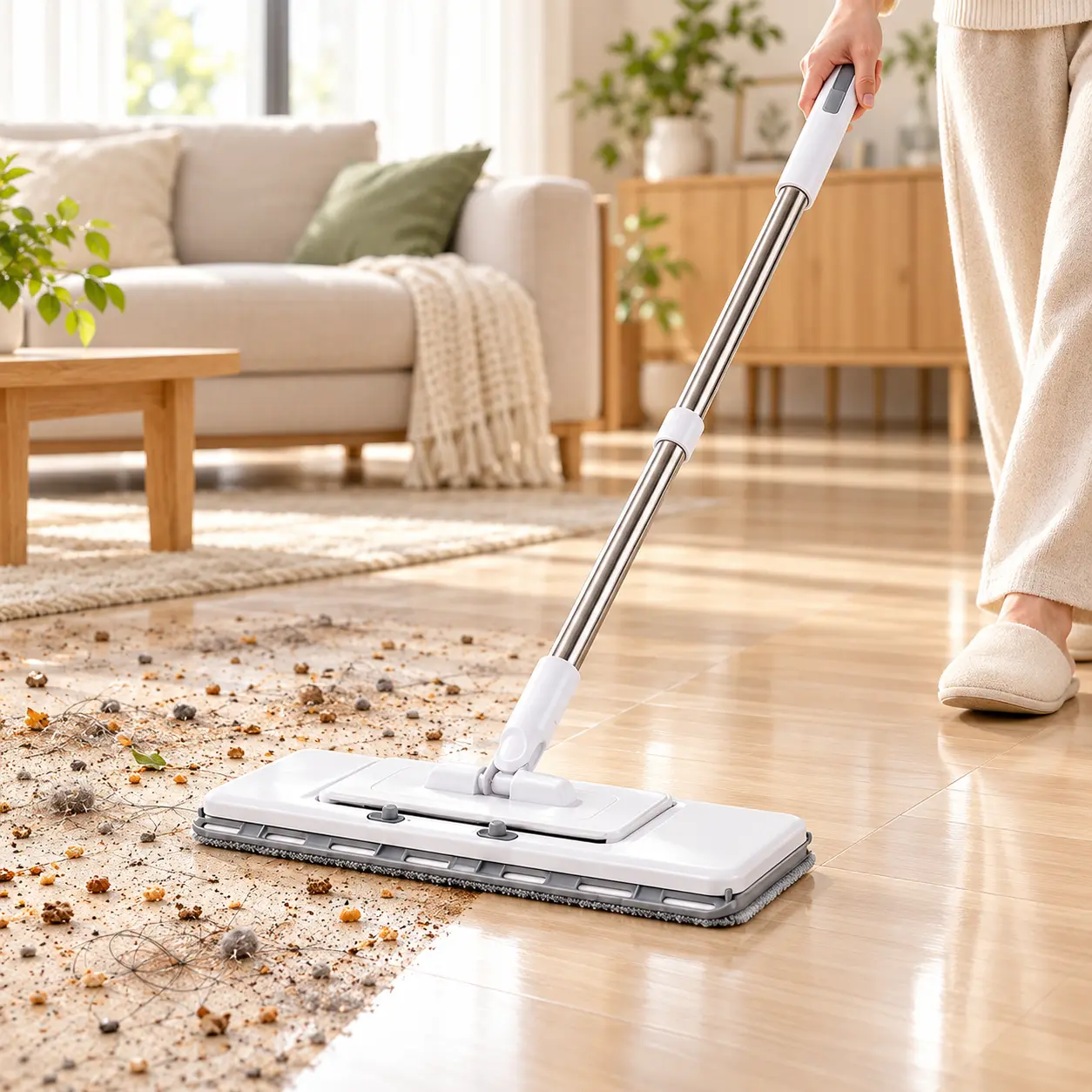 Upgraded Telescopic Bottom Plate Disposable Dust Mop - Cleaning Tool Mops with Touch-Free Auto-Clamp Tighter Fixing, Dry-Wet Dual-Purpose No-Wash Head for Hardwood Tile Flooring