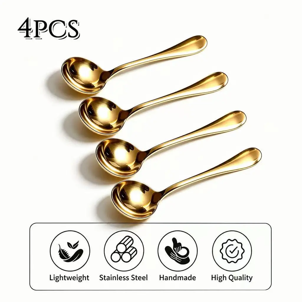4 Pcs Stainless Steel Gold & Silver Long-Handle Cutlery Spoons - Smooth Mirror Polished, Soup-Shape, Dishwasher-Safe Household Tableware for Home Dining