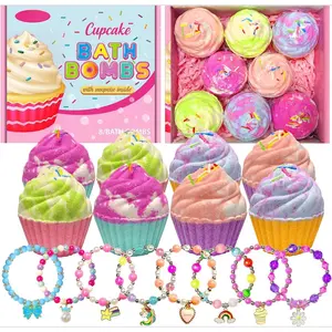 X-TBT17 Bath Bombs for Kids with Surprise Jewelry Inside 8 Cupcake Bath Bombs for Girls Gift Set Handmade Fizzes Balls with Rich Bubble Bath Ideal for Children Birthday Christmas Body Care Blueberry Bright Cocoa Kiwi Long Lasting Moisturize Moisturizing