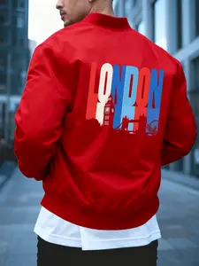 Men's Fall Outdoor Casual Comfortable Stand Collar Sweatshirt Jacket, London City Silhouette Print, Holiday Gift Fashion Pocket Zipper Coat