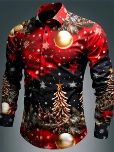 Men's Christmas Theme Patchwork Long Sleeve Shirt, Colorblock Xmas Tree Gold Ball Snowflake Print Collar Button Casual Top