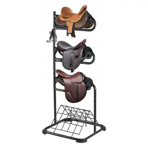Freestanding 3-Tier Saddle Stand and English Western Saddle Rack for Stable and Tack Room Storage | Heavy-Duty Steel, Rust-Resistant Finish, Easy Assembly, Adjustable Shelves for English, Western, Trail, Dressage Saddles