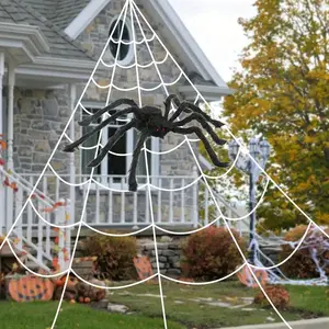 Halloween Giant Spider Web Decoration, 16ft Large Triangular Spiderweb, 60 Inch Fake Spider, Outdoor Yard Lawn Party Decor