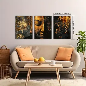 3 Piece Gold Buddha Face Canvas Wall Art, Luxurious Fabric Material, Framed Waterproof Design, Spiritual Home & Office Decor, Elegant Café Hanging Art