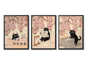 Japanese-style funny black cat wall decoration set of 3, cute bathroom poster, vintage animal-style bathroom decoration pictures, suitable for the bathroom.