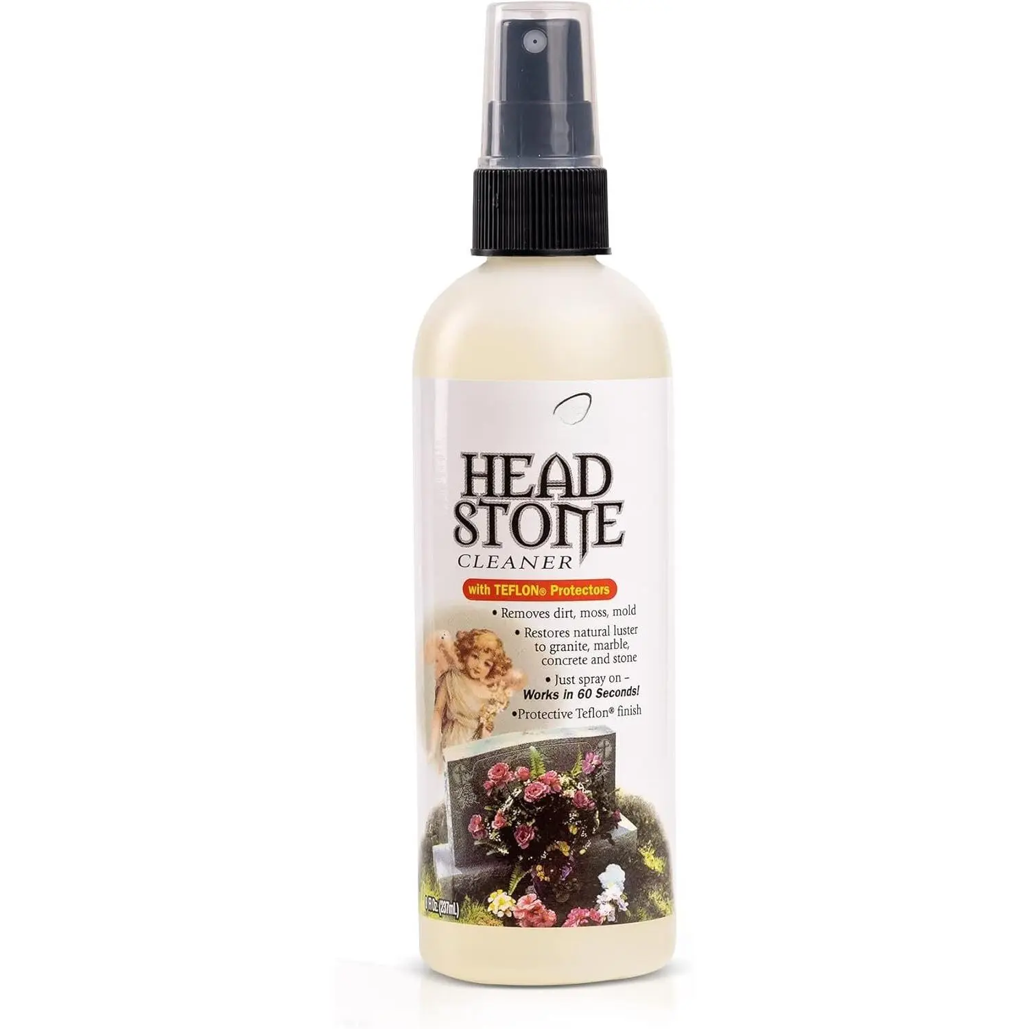 8 fl oz (Pack of 1) Headstone Cleaning Spray - Cemetery Headstones Memorial Care Solution, Easy-to-Clean Grave Upkeep Formula Removes Dirt, Organic Growth, Restores Luster to Granite, Marble, Slate, Concrete, Limestone, Stone, Adds Protective Coat