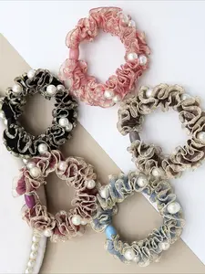 Pearl Double-Layer Lace Scrunchie, High Elasticity Hair Tie, Boho Style, Graphic Pattern, Handmade, All Seasons Accessory, Scrunchies