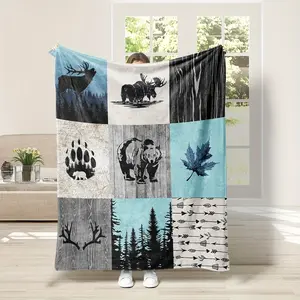 Country style blankets, vintage forest bear elk print flannel blankets, soft warm blankets, nap blankets, sofa office beds for camping trips, multi-purpose gift blankets for all seasons