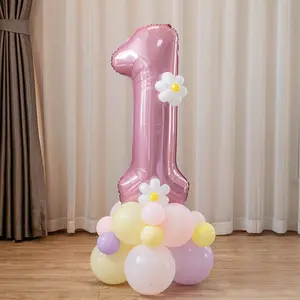 27-Piece Set 40-Inch Pink Standing Number Balloons, Includes White and Macaron Yellow Long Balloons, Ideal for Decoration, First Birthday, Birthdays, Weddings, Anniversaries