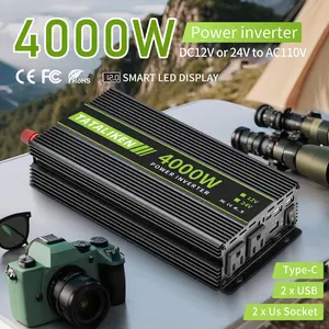TATALIKEN 4000W Overload-Protected Modified Sine Wave Power Inverter, DC 12V to AC 110V, with LED Display, 2 AC Outlets, USB & Type-C Ports, for Car, Emergency Power Supply