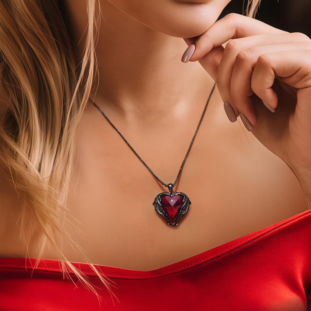 New Dark Gothic Style Red Heart Zircon Wing Necklace Cool Personality Pendant Clavicle Chain Daily Wear Eye-catching Niche Accessory Birthday Gift for Stylish Punk Girlfriend Dark Theme V20