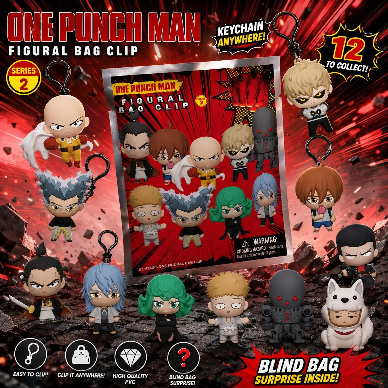 Viz Media One Punch Man Blind Bag Keychain Charm, Saitama Genos Collectible 3D Bag Clip, Mystery Anime Figure Keyring, Manga Fan Gift, Room Decor Accessory, Cool Keychains, Key Chain Accessories