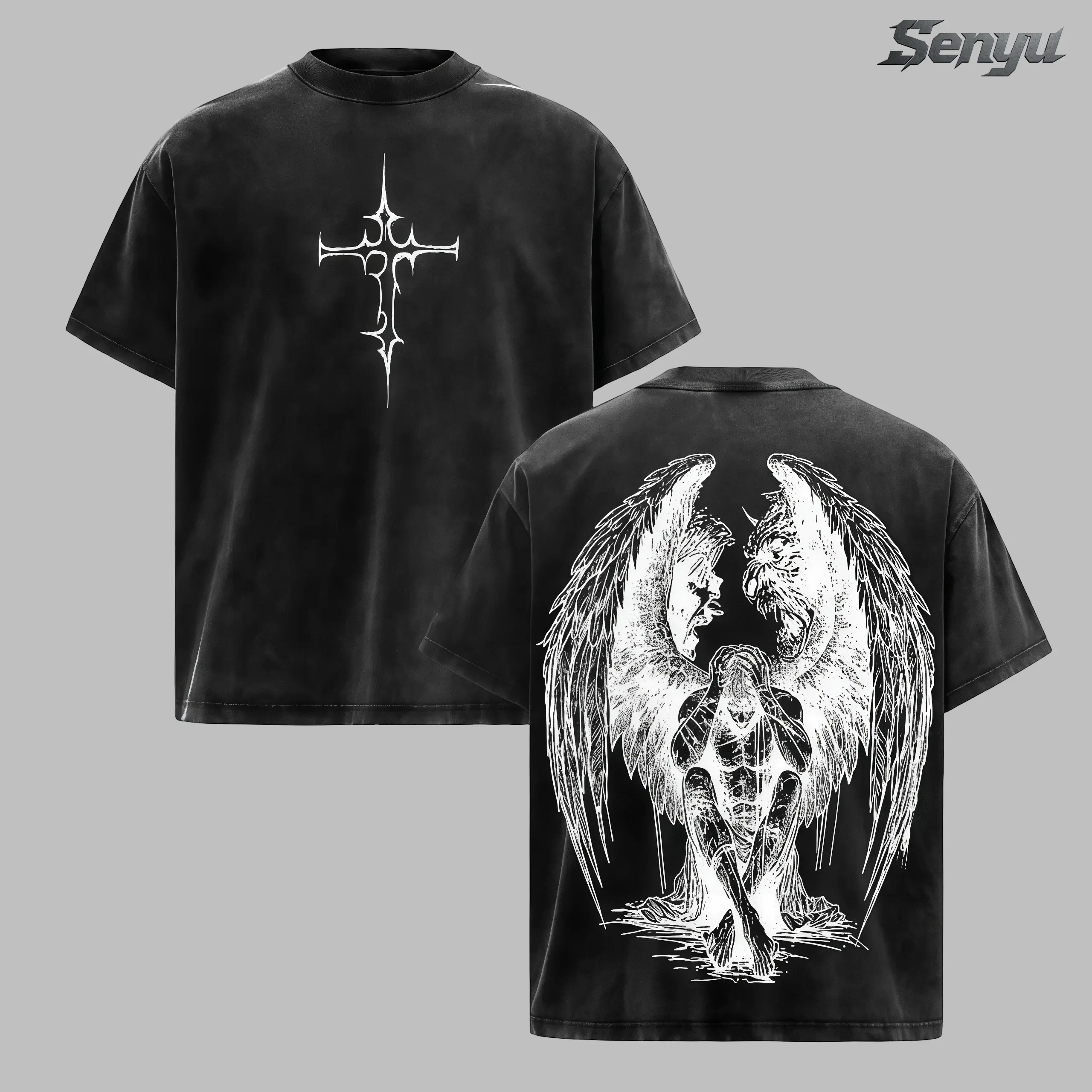 Tormented Angel T-Shirt Washed , Fallen Dark Angel Oversized Tee, Gothic Angel of Despair Shirt, Heavyweight Cotton Washed Heaven and Hell Streetwear Angel vs Demon Art Jesus Apparel Christ the Savior Menswear Tops Crewneck Shortsleeve Round Neck Tropical