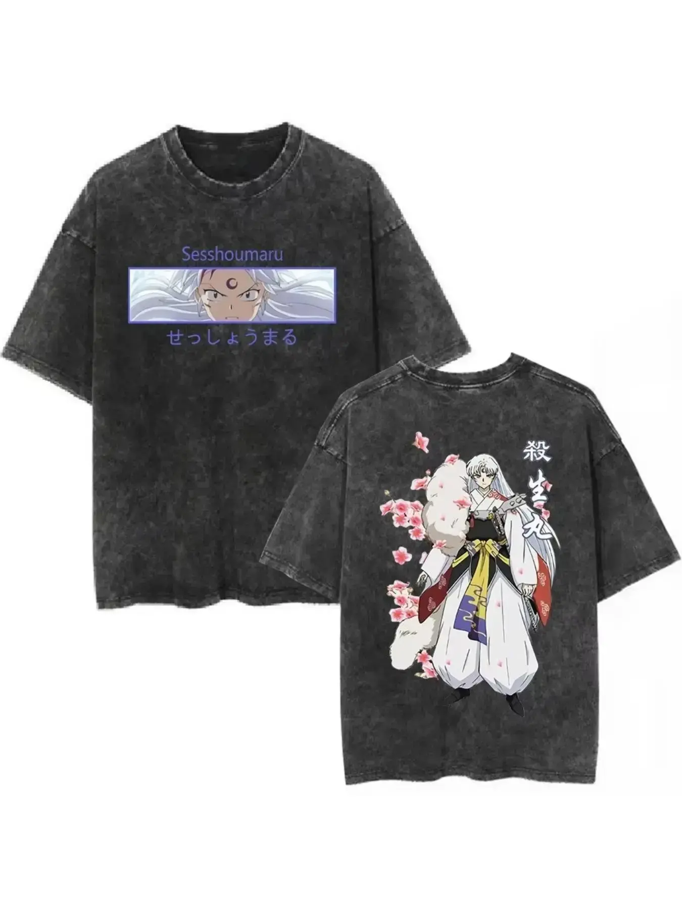 Men's Inuyasha Print Oversized T-Shirt - 230gsm Heavy Cotton Pre-Washed Rib Seamless Short-Sleeve Round Neck Loose-Fit Retro Streetwear Apparel
