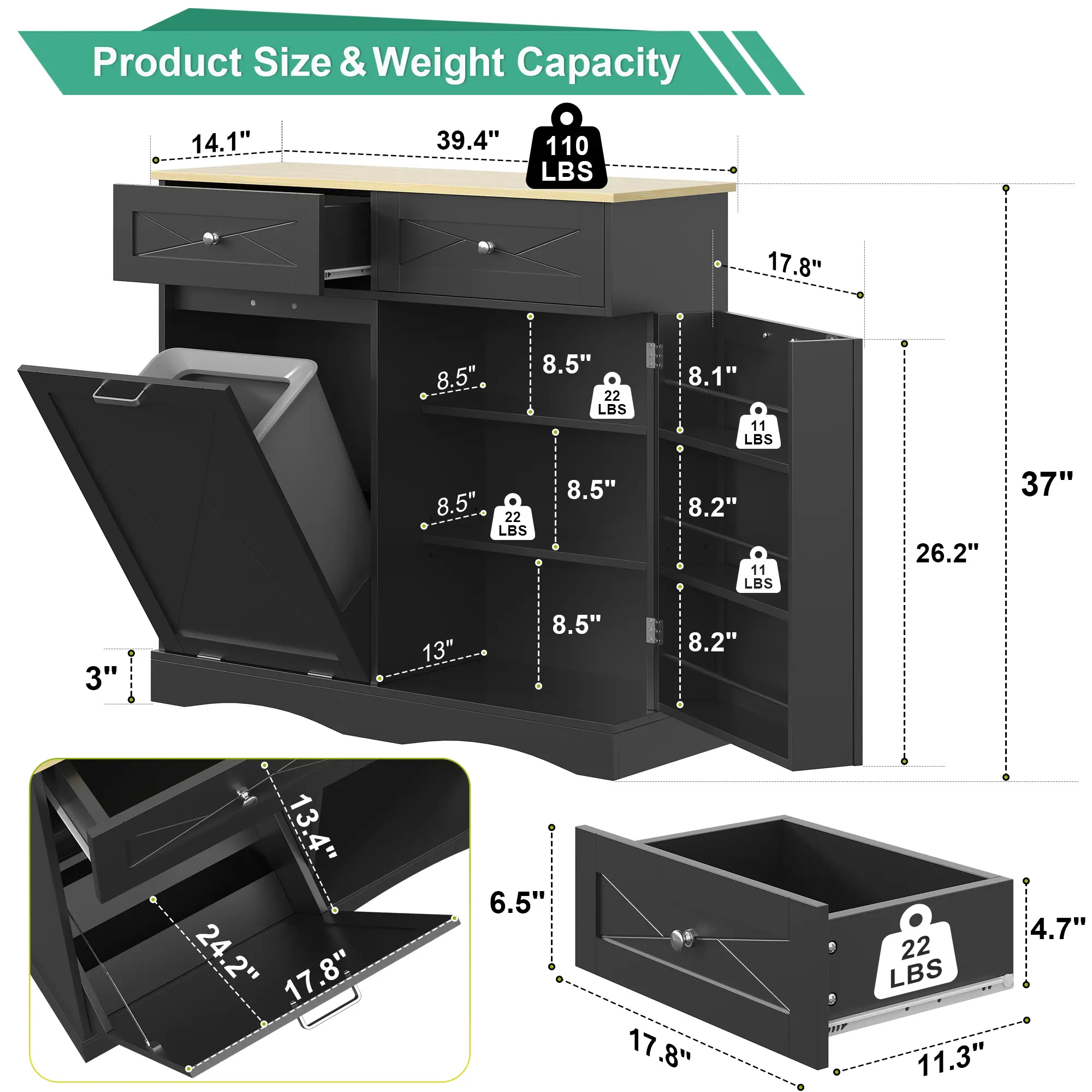 Wooden Hidden Tilt-Out Trash Can Cabinet - 12gal Bin, Durable High-Density Fiberboard Storage Organizer, Waterproof Pet-Proof Movable Unit with Adjustable Shelf for Kitchen, Easy Installation