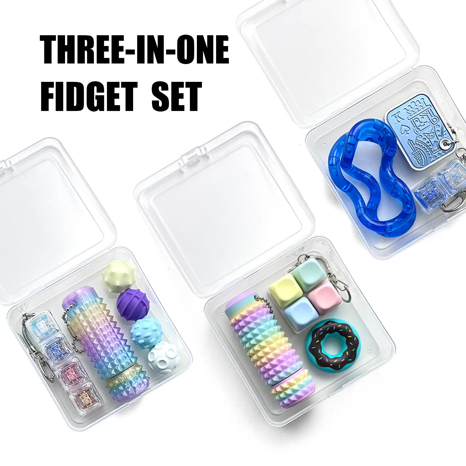 3-IN-one Fidget Toys,ADHD relief,Fidget Keychain Keyboard,Pain Fidget-3D Printed Spiky Grippie Stim Keychain,Stress-Relieving Magnetic Balls,EDC Poker,Finger Spinner Toys,Gift for Kids